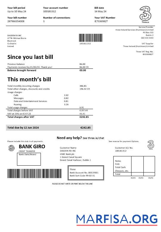 Realistic Ireland Three.ie business utility bill template in Word and PDF formats